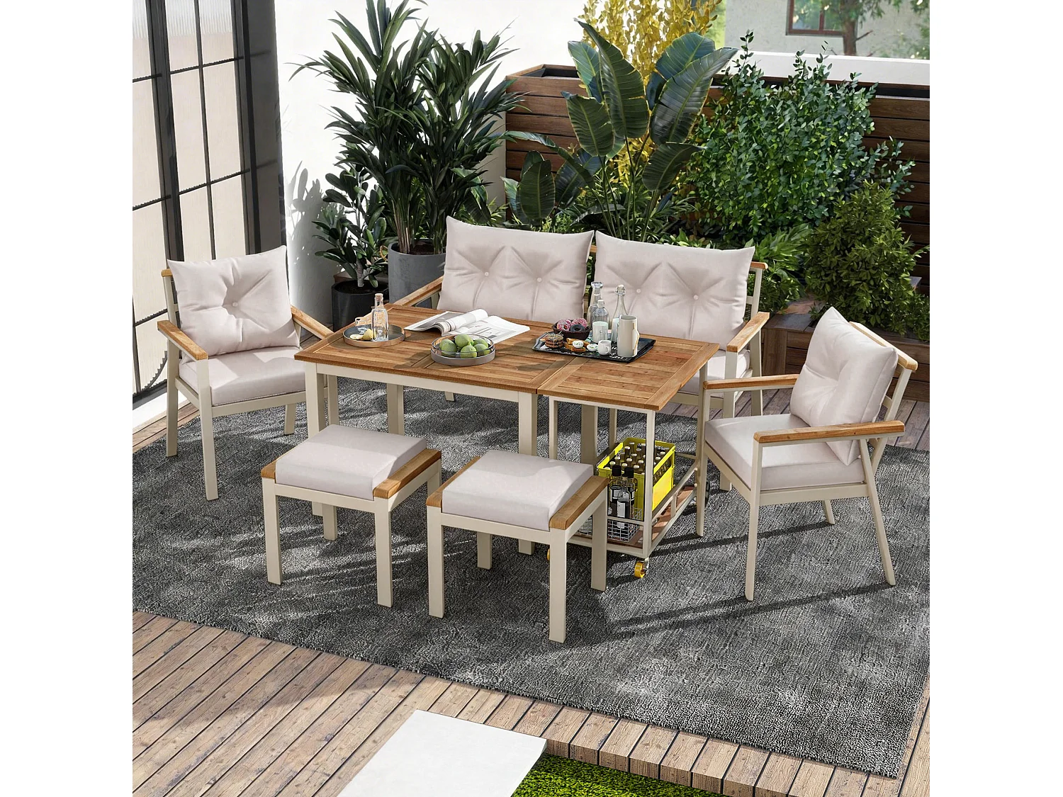 6-delige acaciahouten tuineetset – Tafel, stoelen en fauteuils met afneembare kussens, afneembare serveerwagen, duurzaam buitenmeubilair