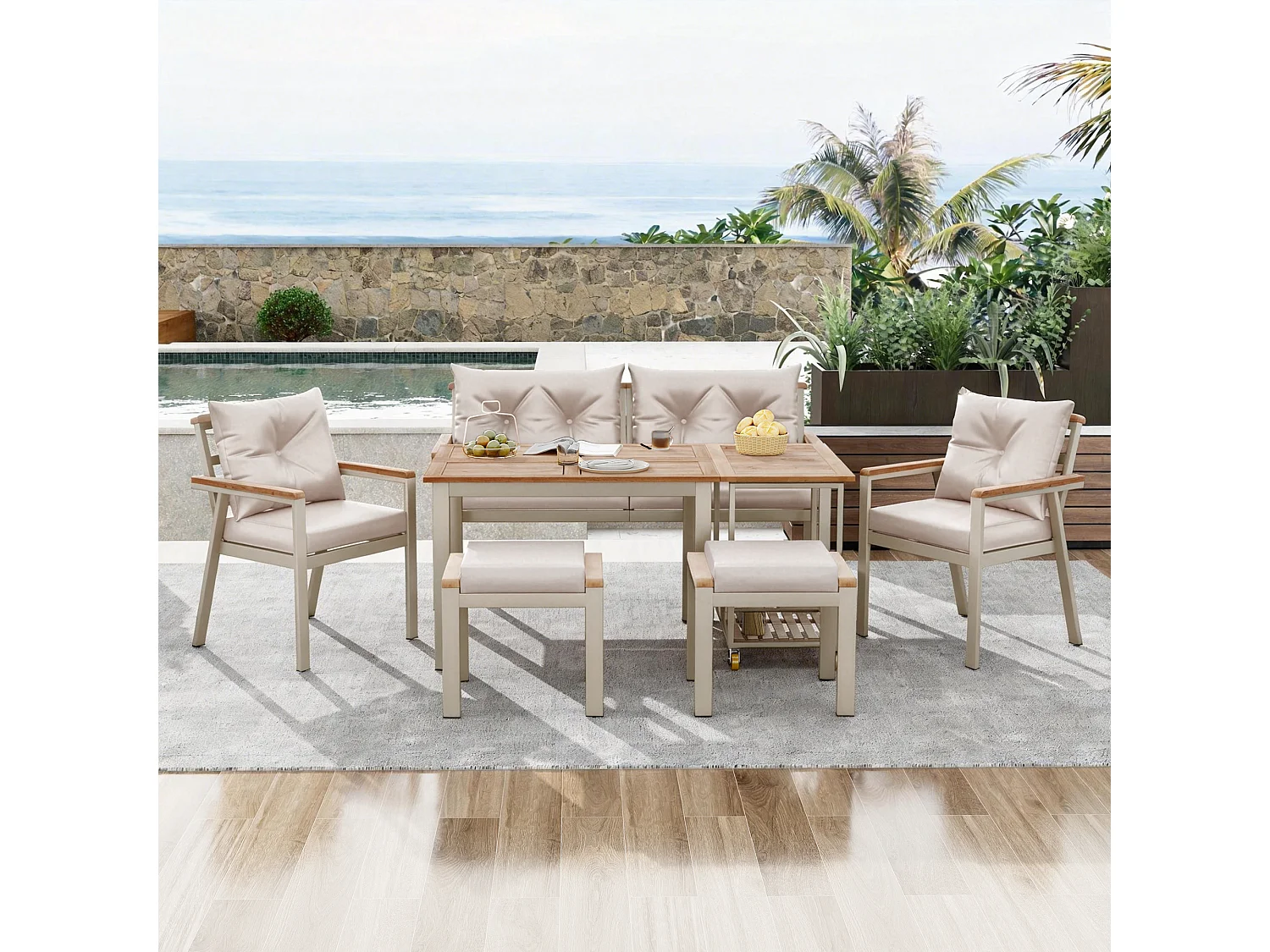 6-delige acaciahouten tuineetset – Tafel, stoelen en fauteuils met afneembare kussens, afneembare serveerwagen, duurzaam buitenmeubilair