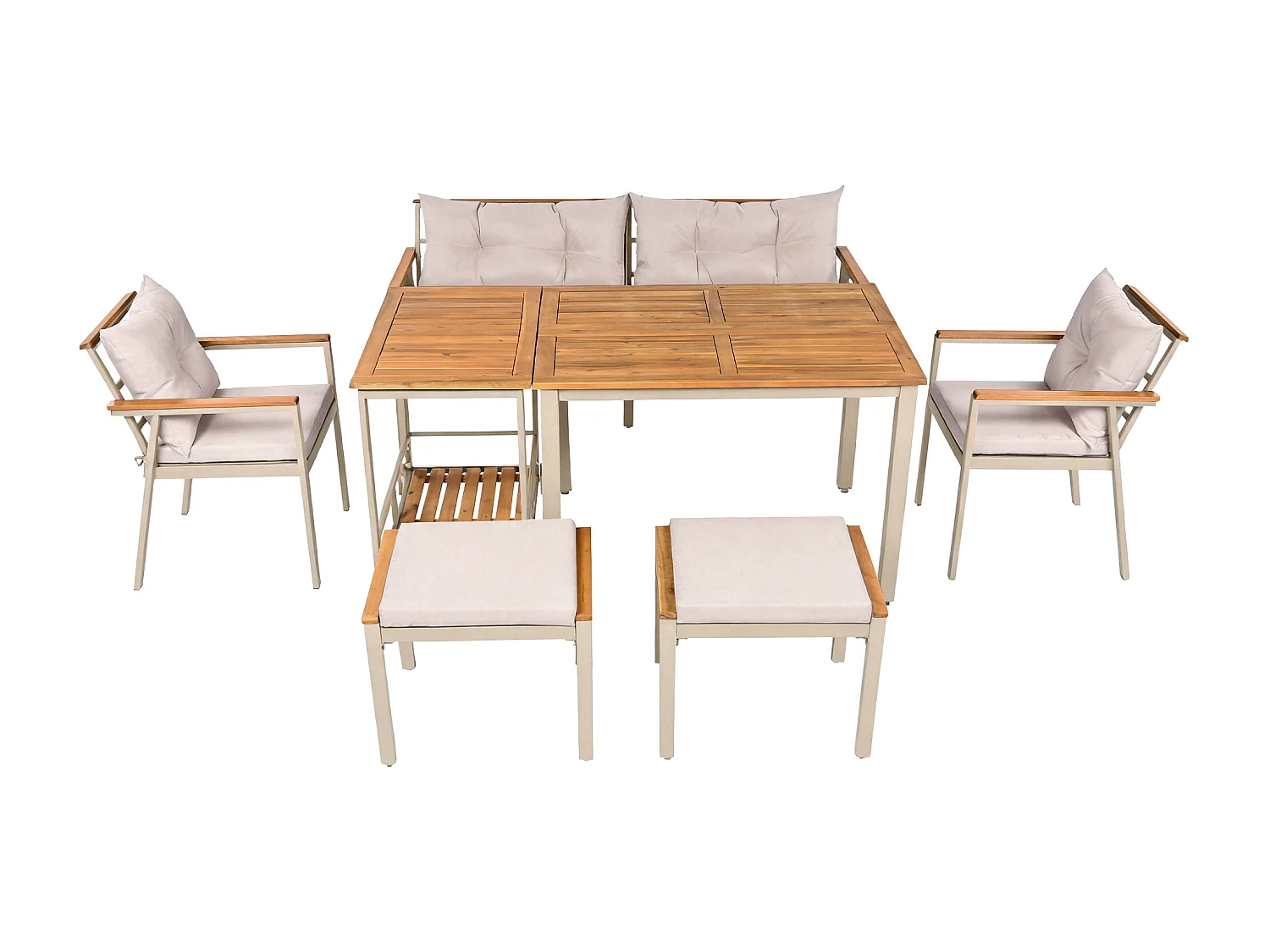 6-delige acaciahouten tuineetset – Tafel, stoelen en fauteuils met afneembare kussens, afneembare serveerwagen, duurzaam buitenmeubilair