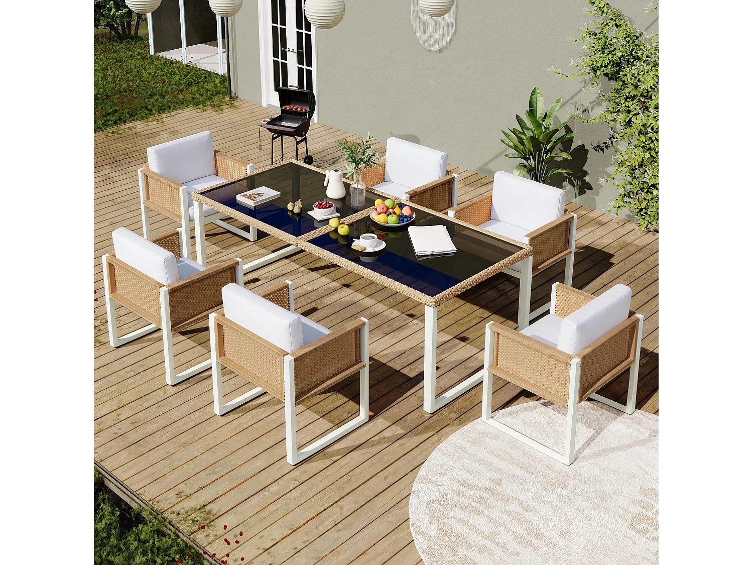 5-teiliges Garten-Set aus Rattan – Runder Tisch aus gehärtetem Glas + 4 Sessel mit Armlehnen, Eisengestell, inklusive Kissen, für Terrasse und Balkon