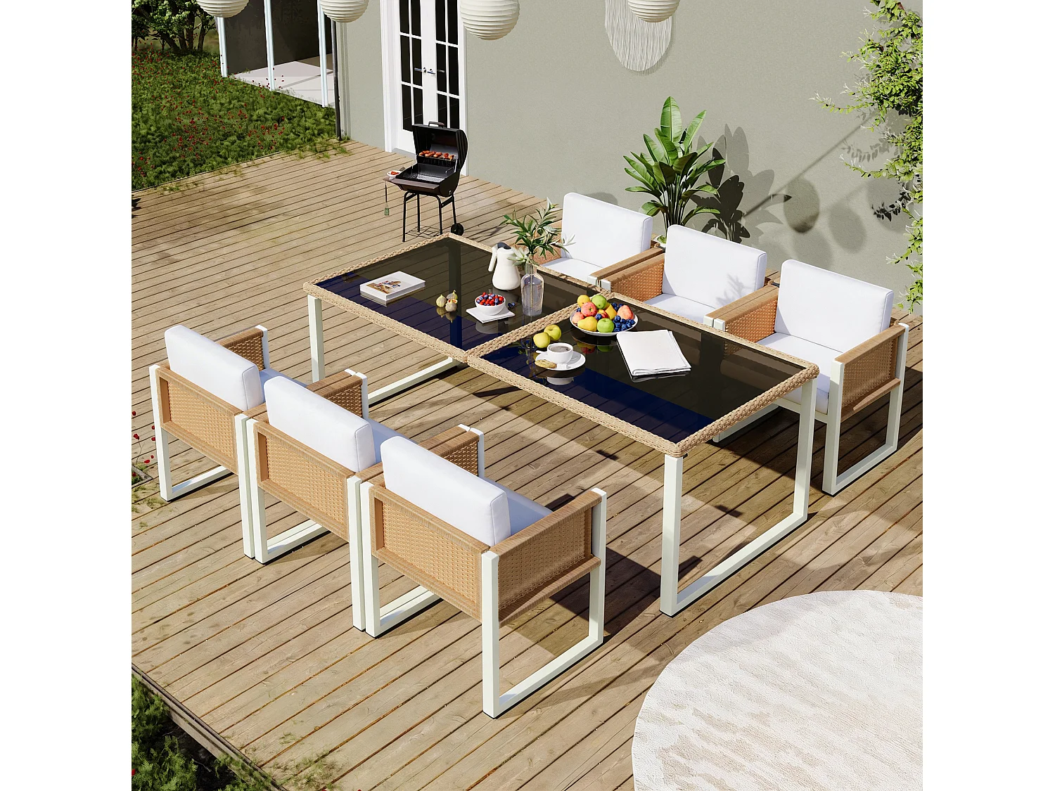5-teiliges Garten-Set aus Rattan – Runder Tisch aus gehärtetem Glas + 4 Sessel mit Armlehnen, Eisengestell, inklusive Kissen, für Terrasse und Balkon