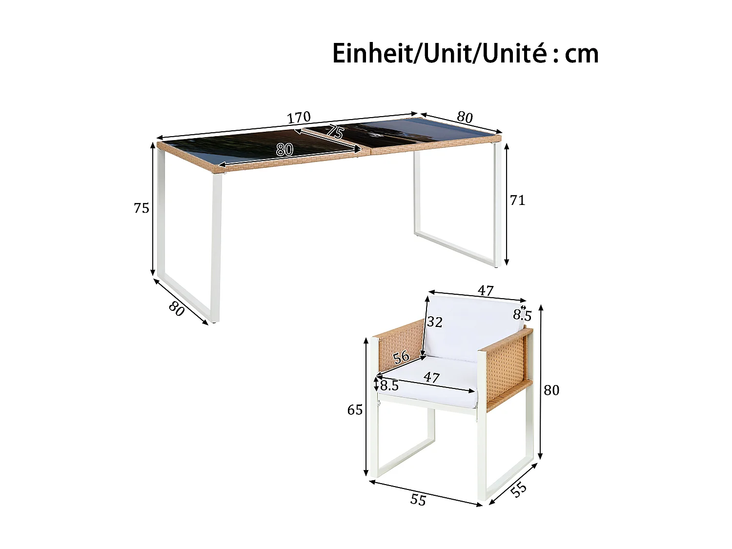 5-teiliges Garten-Set aus Rattan – Runder Tisch aus gehärtetem Glas + 4 Sessel mit Armlehnen, Eisengestell, inklusive Kissen, für Terrasse und Balkon