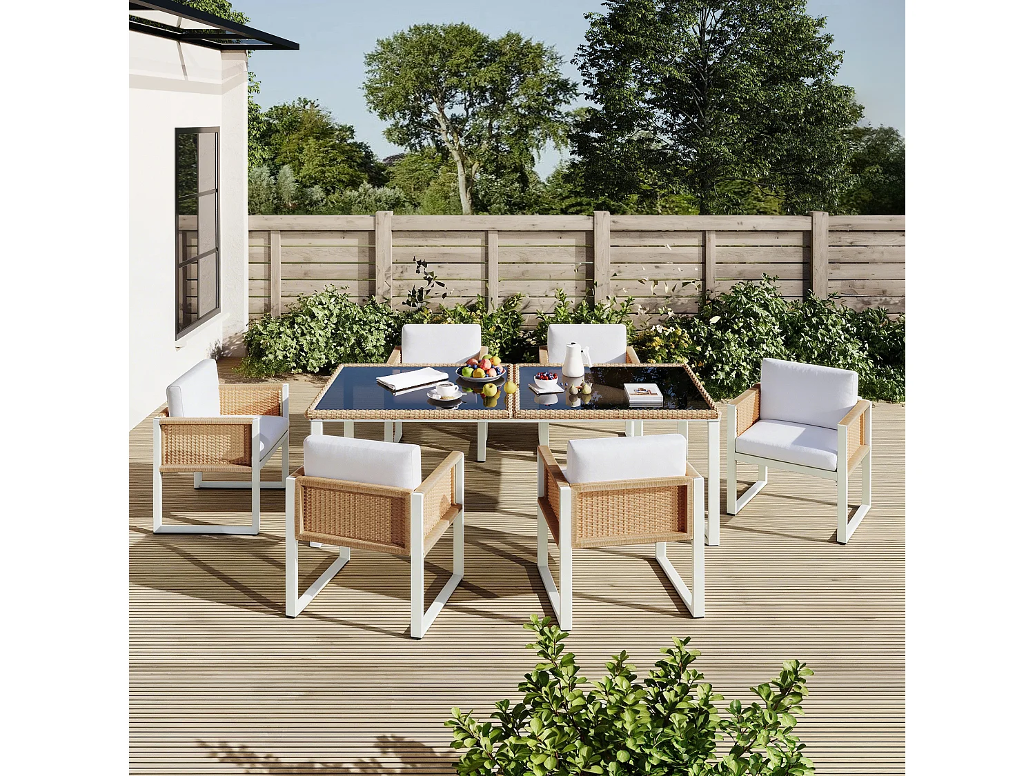 5-teiliges Garten-Set aus Rattan – Runder Tisch aus gehärtetem Glas + 4 Sessel mit Armlehnen, Eisengestell, inklusive Kissen, für Terrasse und Balkon