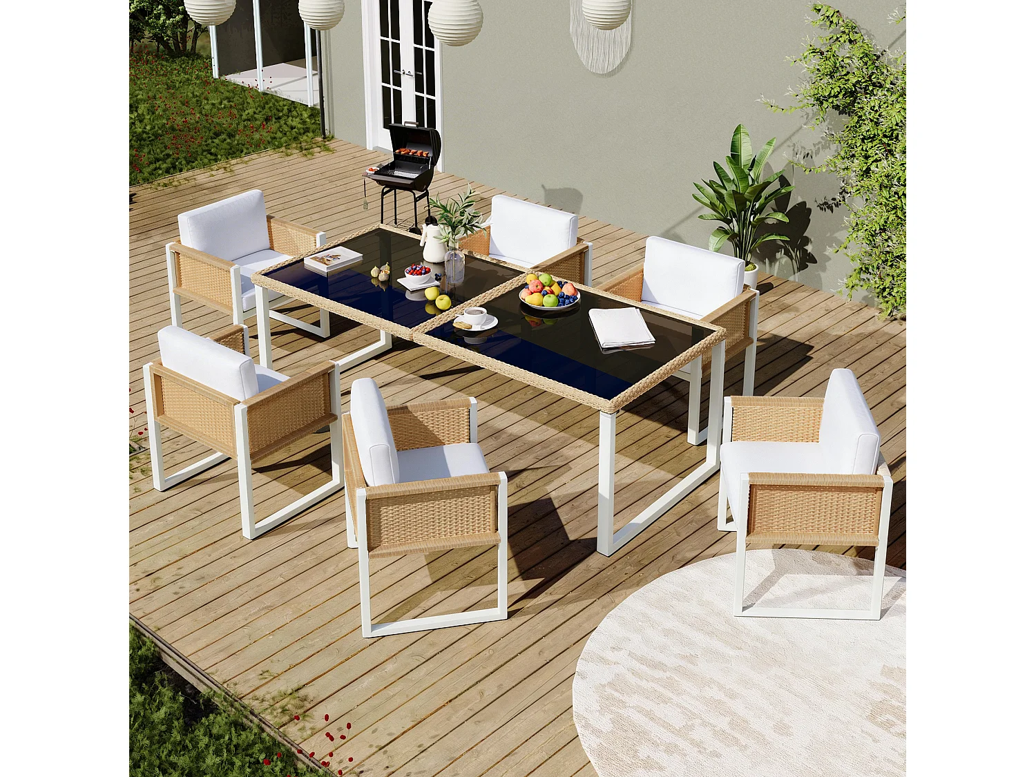 5-teiliges Garten-Set aus Rattan – Runder Tisch aus gehärtetem Glas + 4 Sessel mit Armlehnen, Eisengestell, inklusive Kissen, für Terrasse und Balkon