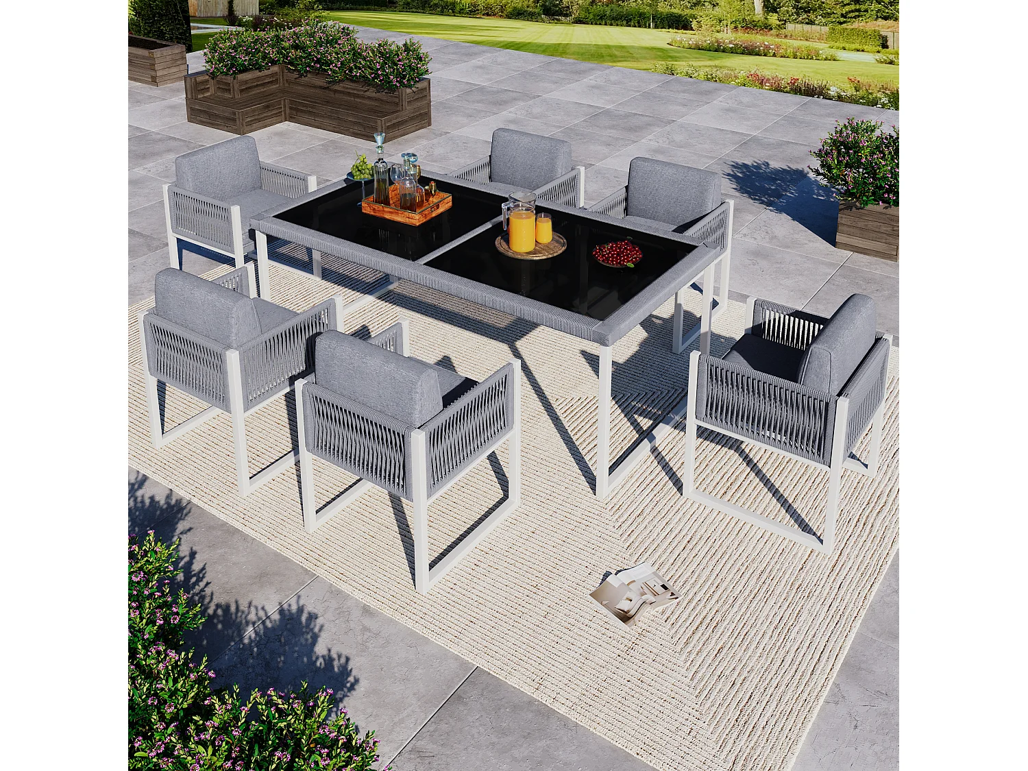 6-delige touw tuineetset – Tafel met blad van gehard glas, comfortabele stoelen met afneembare kussens en wasbare hoezen