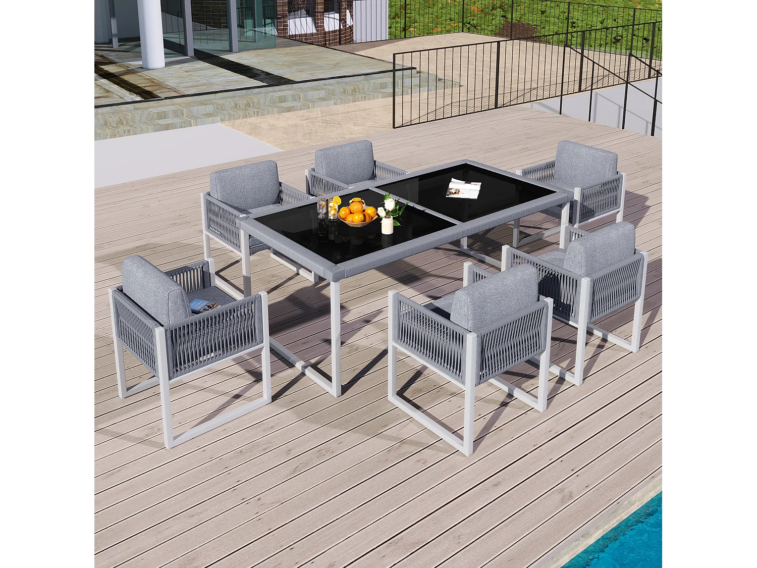 6-delige touw tuineetset – Tafel met blad van gehard glas, comfortabele stoelen met afneembare kussens en wasbare hoezen