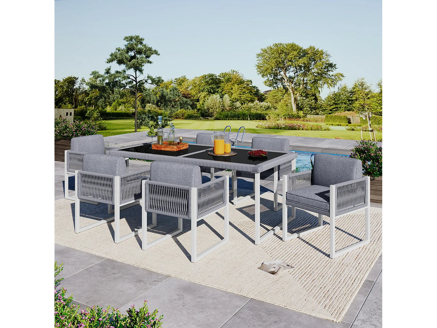 6-delige touw tuineetset – Tafel met blad van gehard glas, comfortabele stoelen met afneembare kussens en wasbare hoezen