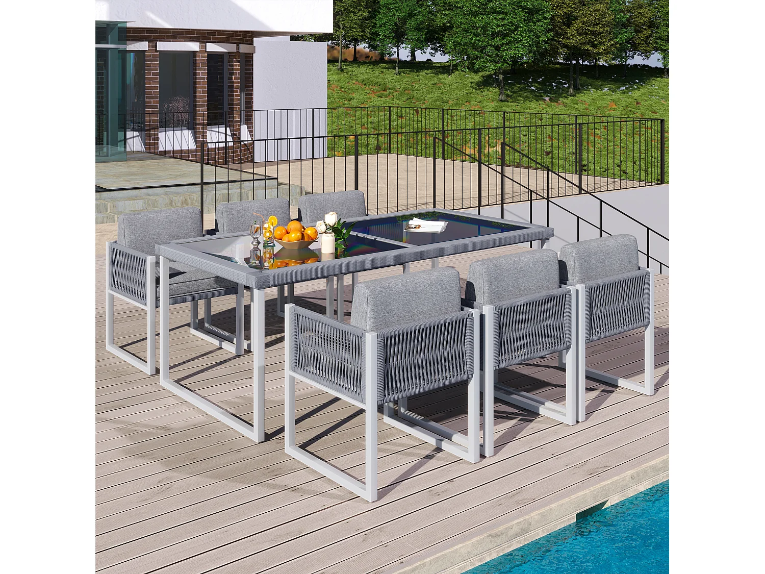 6-delige touw tuineetset – Tafel met blad van gehard glas, comfortabele stoelen met afneembare kussens en wasbare hoezen