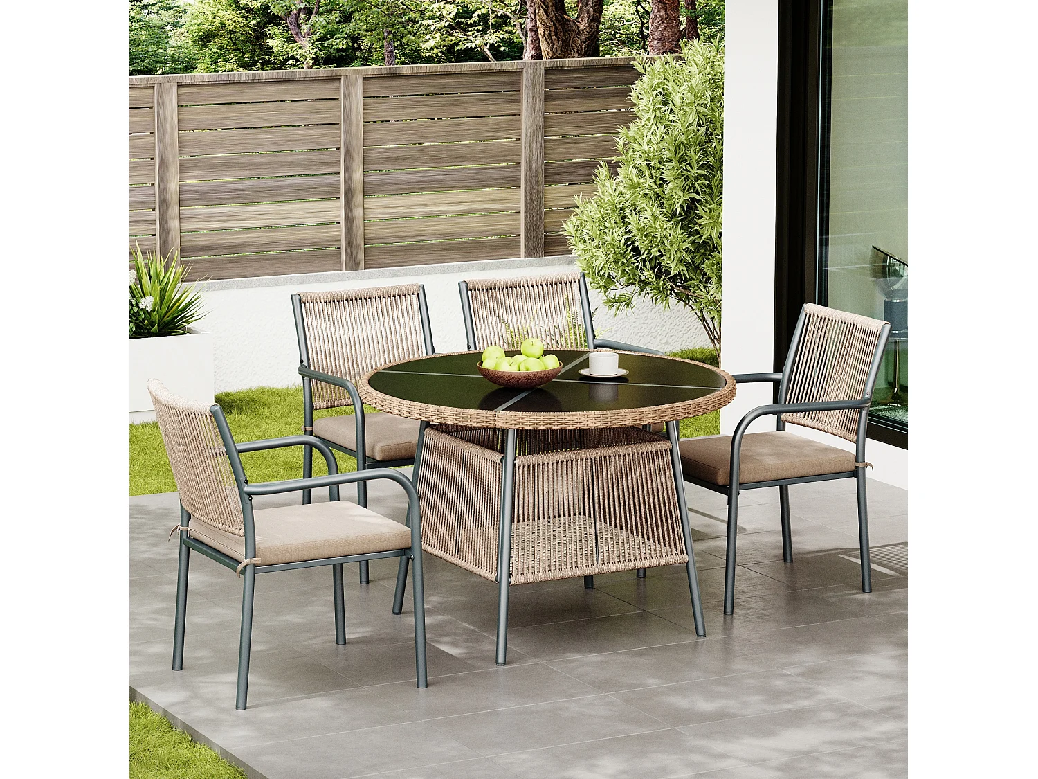 5-teiliges Garten-Set aus Rattan – Runder Tisch aus gehärtetem Glas + 4 Sessel mit Armlehnen, Eisengestell, inklusive Kissen, für Terrasse und Balkon