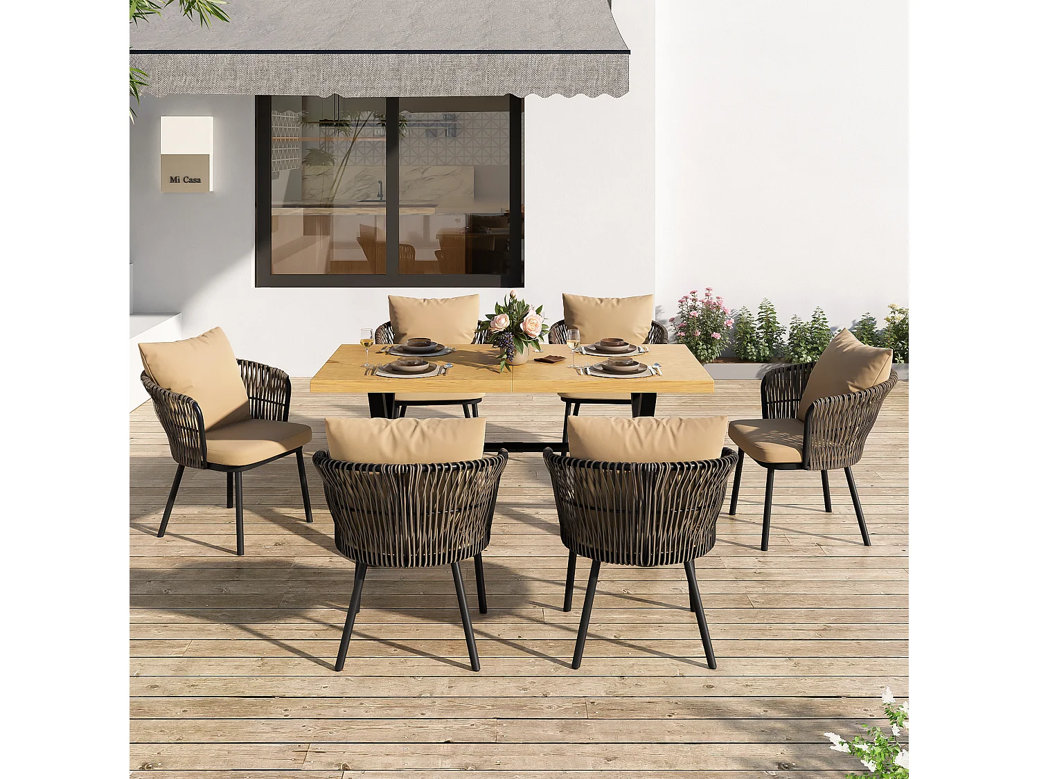 6-persoons tuineetset – Lange tafel met houtlook + 6 PE rotan fauteuils met kussens, ijzeren frame, tuinmeubelen voor terras en tuin