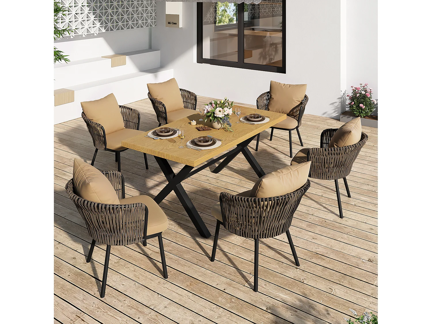 6-persoons tuineetset – Lange tafel met houtlook + 6 PE rotan fauteuils met kussens, ijzeren frame, tuinmeubelen voor terras en tuin