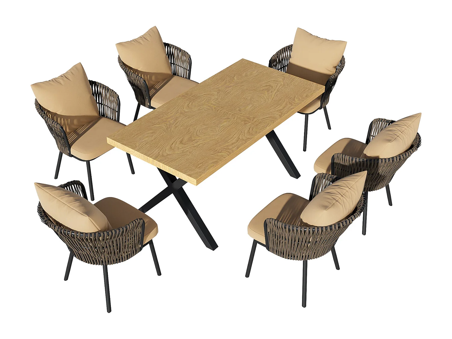 6-persoons tuineetset – Lange tafel met houtlook + 6 PE rotan fauteuils met kussens, ijzeren frame, tuinmeubelen voor terras en tuin
