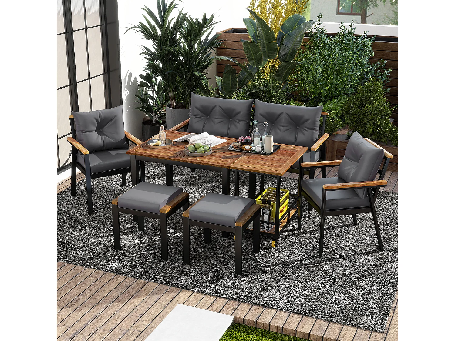 6-delige acaciahouten tuineetset – Tafel, stoelen en fauteuils met afneembare kussens, afneembare serveerwagen, duurzaam buitenmeubilair