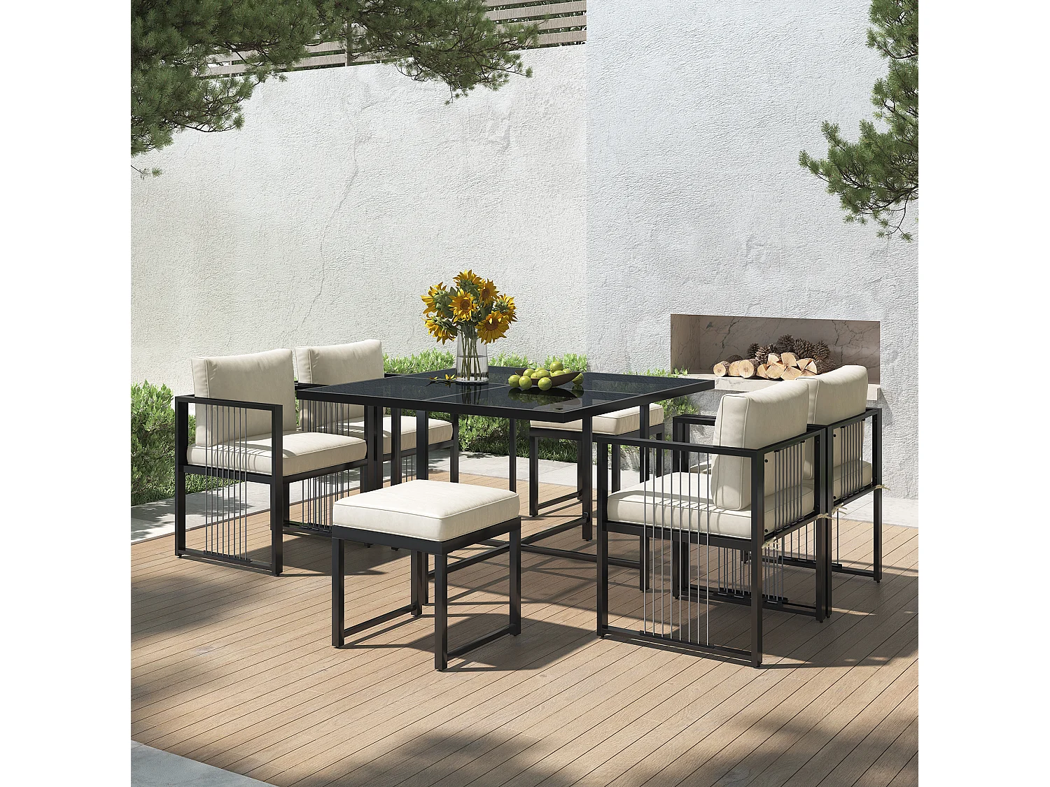 7-delige 6-persoons tuineetset – Vierkante tafel van gehard glas, 4 fauteuils en 2 krukken met afneembare kussens, elegant buitenmeubilair