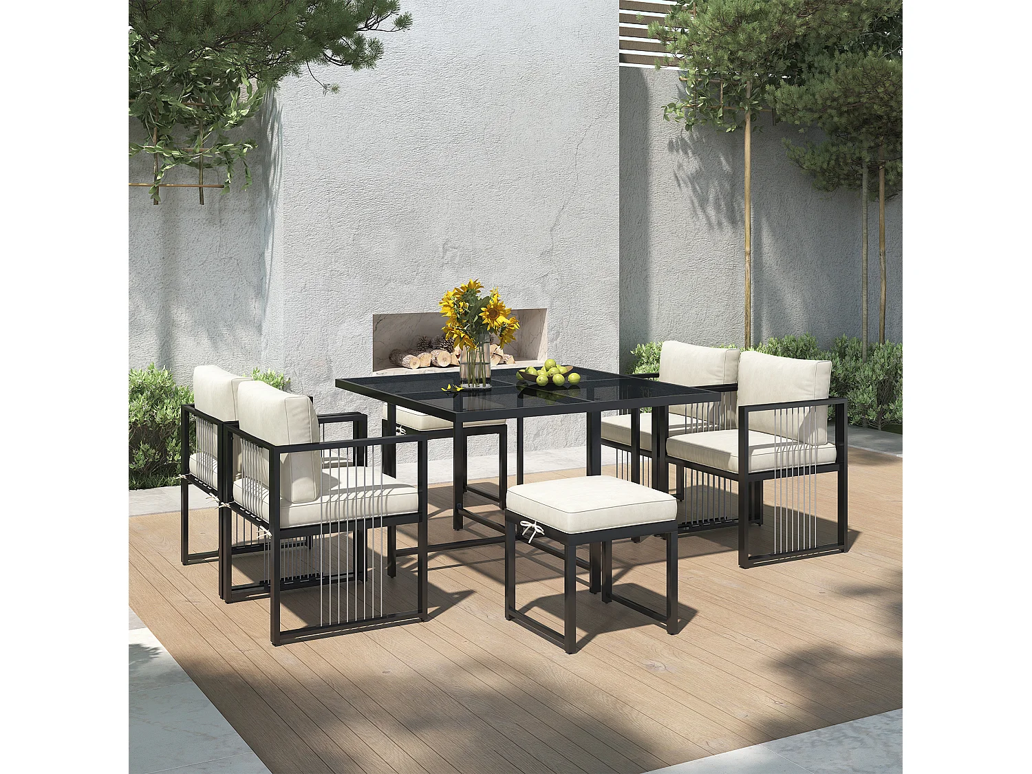 7-delige 6-persoons tuineetset – Vierkante tafel van gehard glas, 4 fauteuils en 2 krukken met afneembare kussens, elegant buitenmeubilair