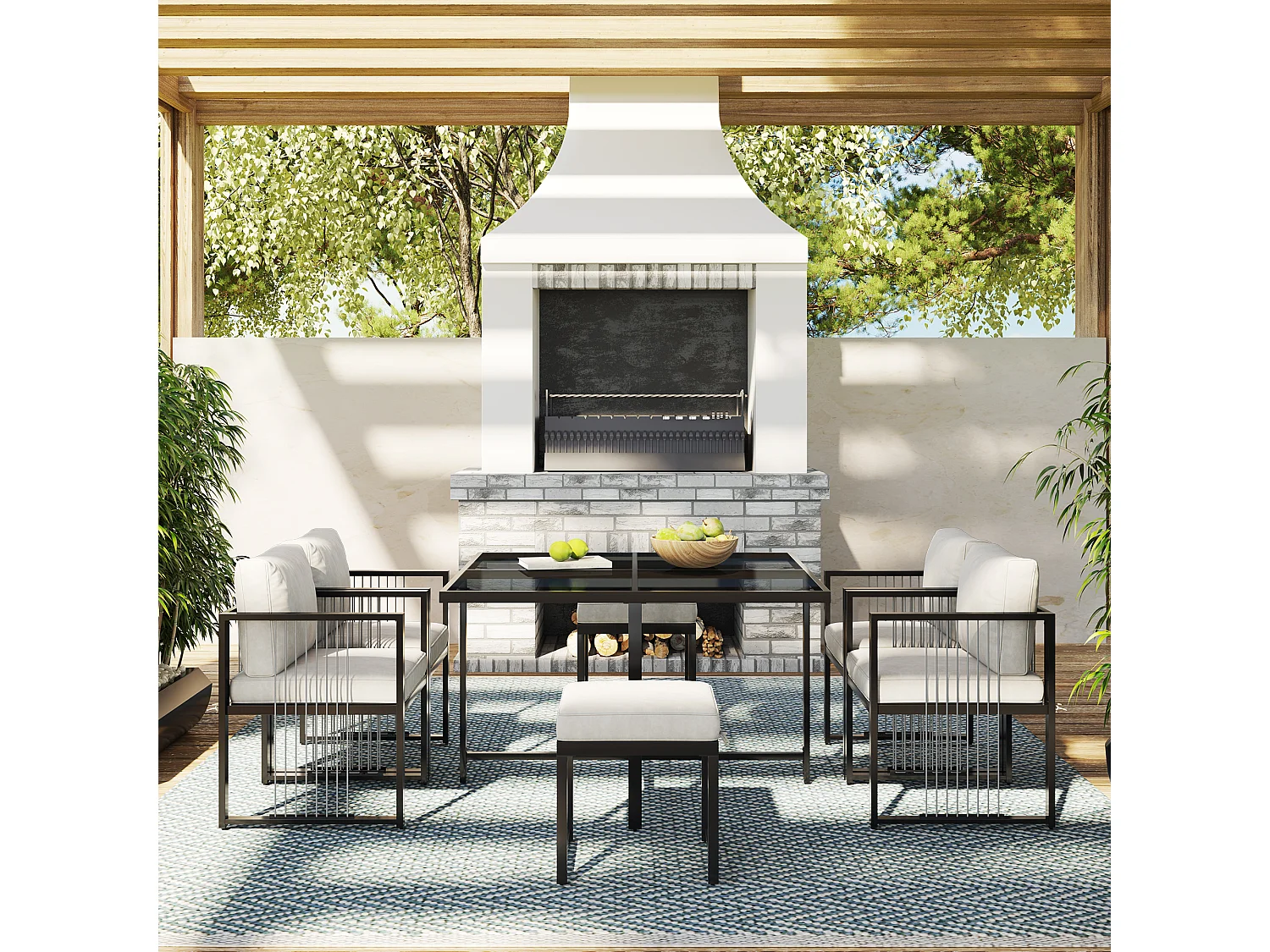 7-delige 6-persoons tuineetset – Vierkante tafel van gehard glas, 4 fauteuils en 2 krukken met afneembare kussens, elegant buitenmeubilair