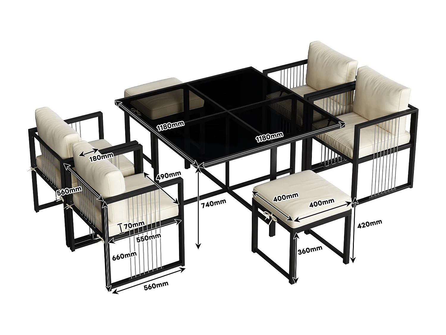 7-delige 6-persoons tuineetset – Vierkante tafel van gehard glas, 4 fauteuils en 2 krukken met afneembare kussens, elegant buitenmeubilair