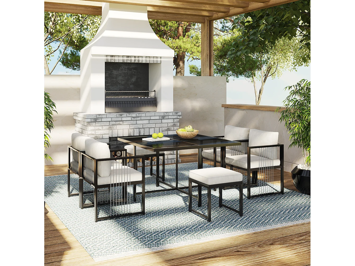 7-delige 6-persoons tuineetset – Vierkante tafel van gehard glas, 4 fauteuils en 2 krukken met afneembare kussens, elegant buitenmeubilair