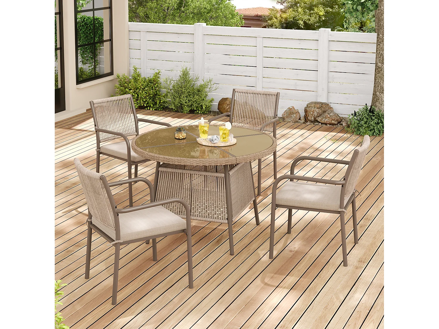 Ensemble jardin 5 pièces en rattan – Table ronde en verre trempé + 4 fauteuils avec accoudoirs, structure en fer, coussins inclus, terrasse et balcon