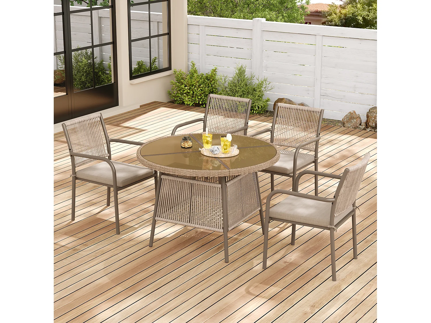 Ensemble jardin 5 pièces en rattan – Table ronde en verre trempé + 4 fauteuils avec accoudoirs, structure en fer, coussins inclus, terrasse et balcon