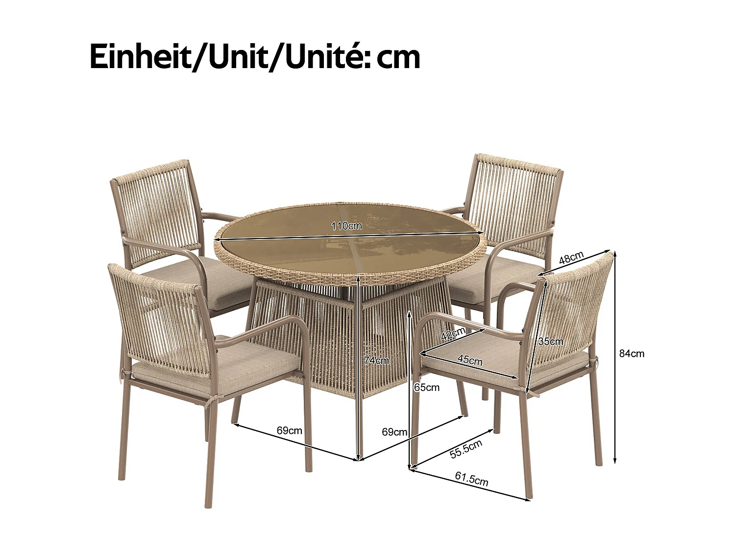 Ensemble jardin 5 pièces en rattan – Table ronde en verre trempé + 4 fauteuils avec accoudoirs, structure en fer, coussins inclus, terrasse et balcon