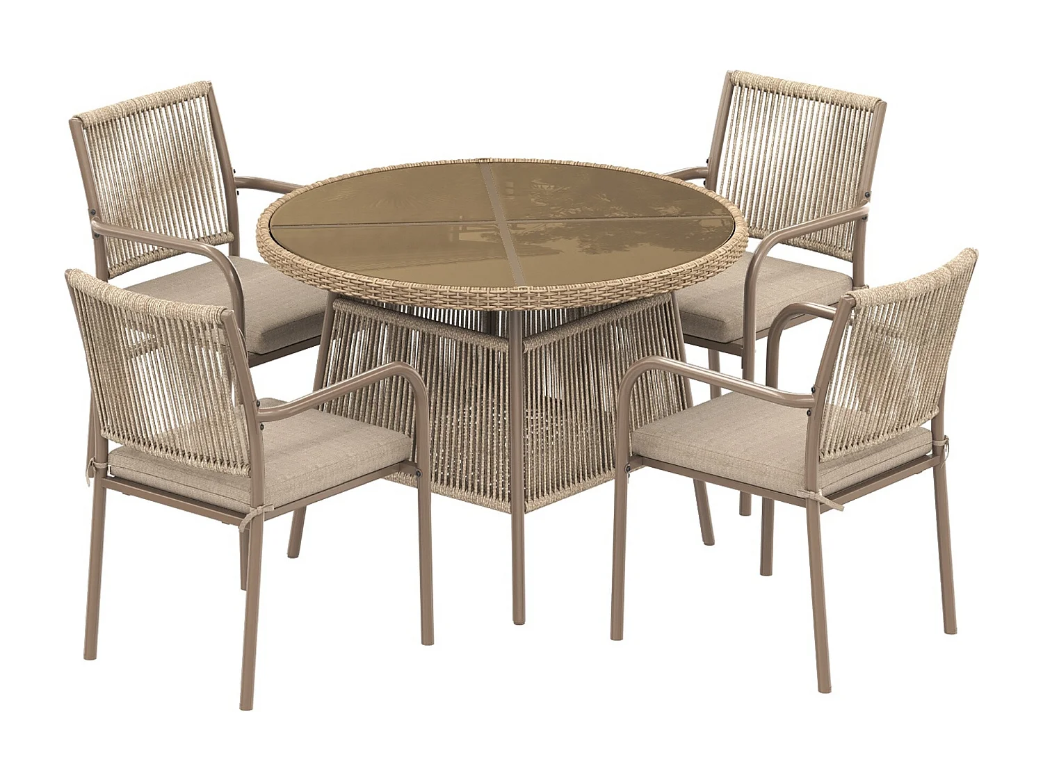Ensemble jardin 5 pièces en rattan – Table ronde en verre trempé + 4 fauteuils avec accoudoirs, structure en fer, coussins inclus, terrasse et balcon