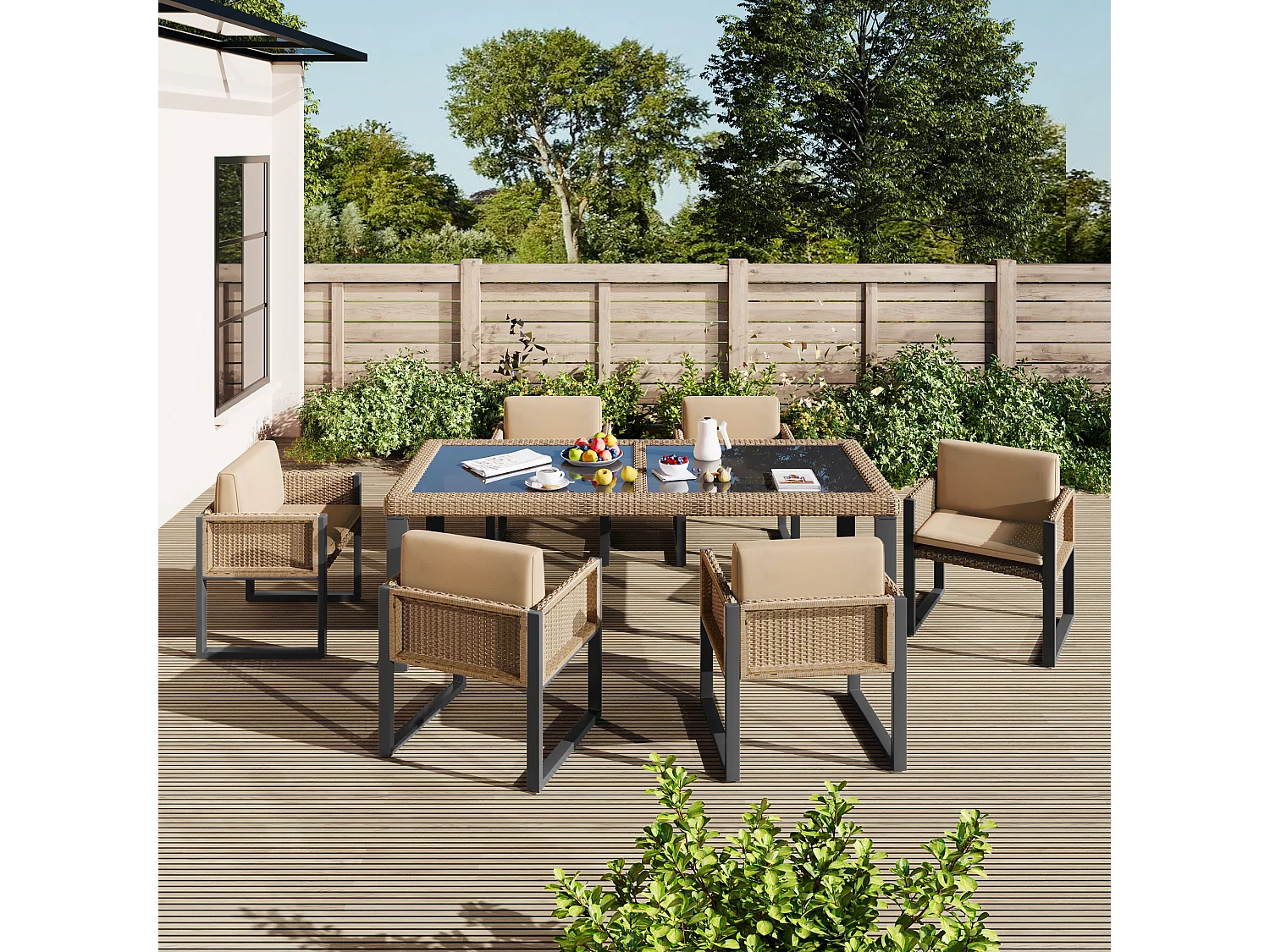 Tuinset met 6-persoons tafel en stoelen – Tuinloungeset met fauteuils, afneembare en wasbare kussens, elegant en duurzaam buitenmeubilair