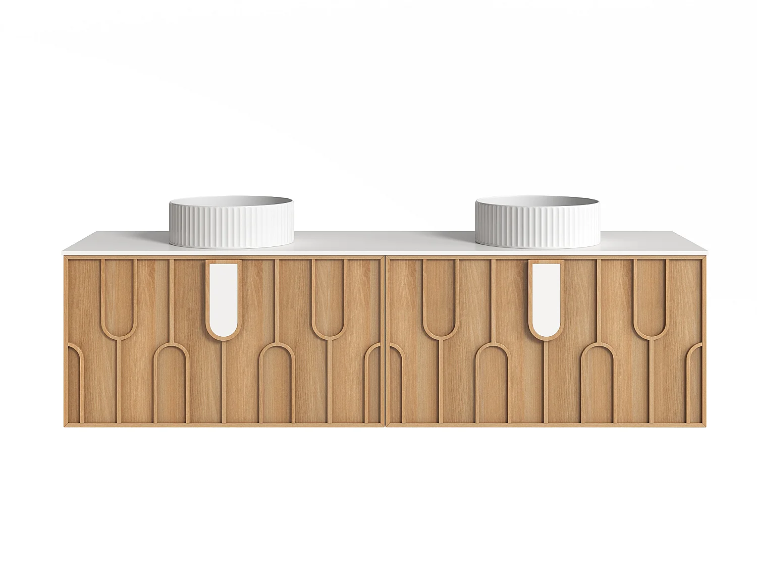 Meuble de salle de bain texturé suspendu avec double vasque à poser ronde striée - Naturel clair - L180 cm - MERKAN