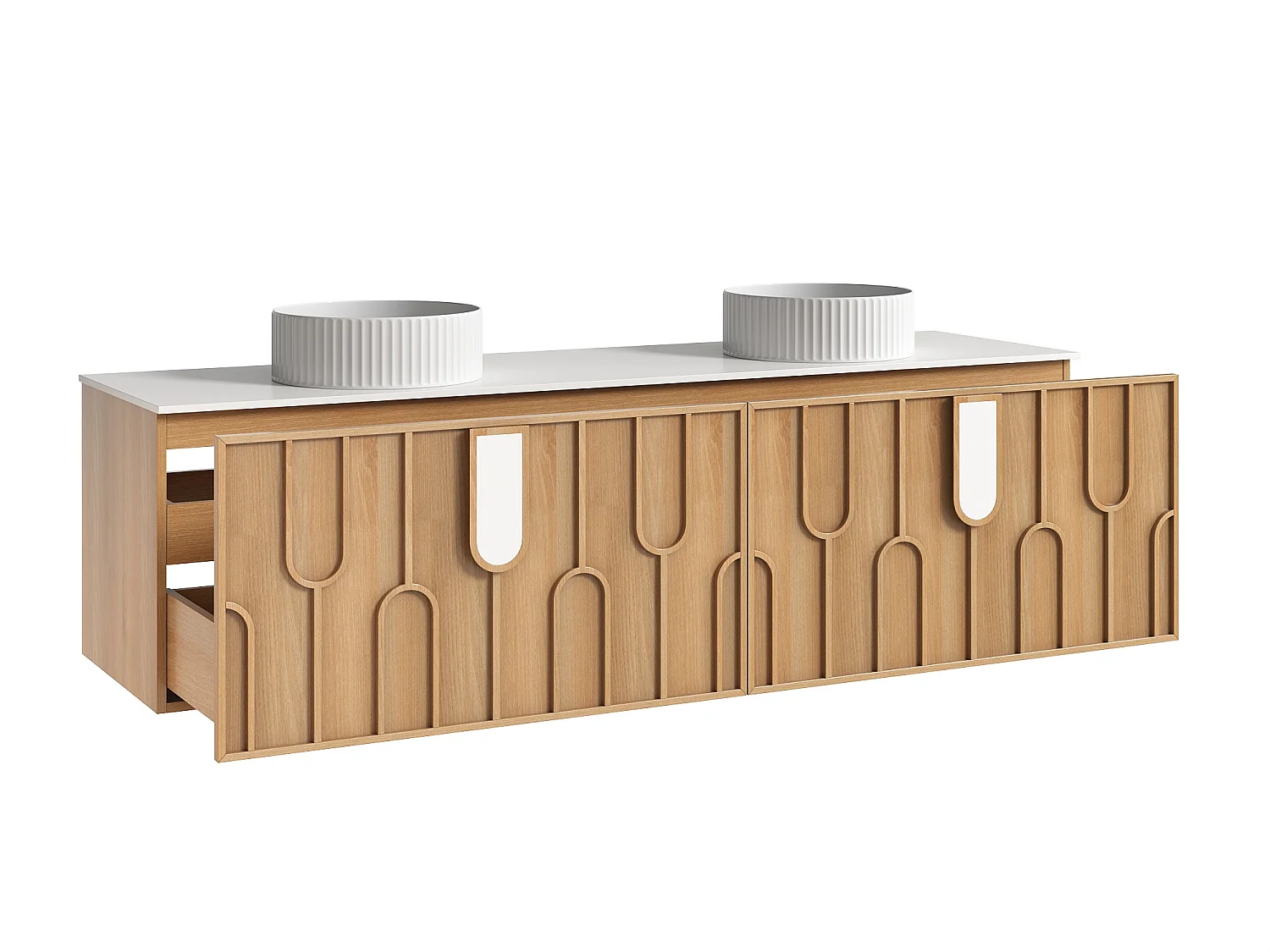 Meuble de salle de bain texturé suspendu avec double vasque à poser ronde striée - Naturel clair - L180 cm - MERKAN