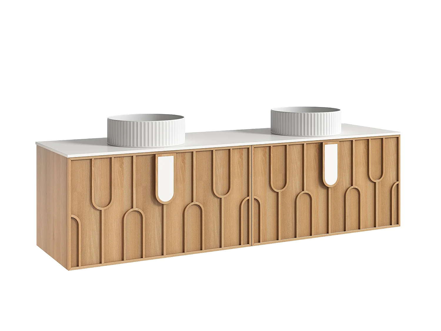 Meuble de salle de bain texturé suspendu avec double vasque à poser ronde striée - Naturel clair - L180 cm - MERKAN