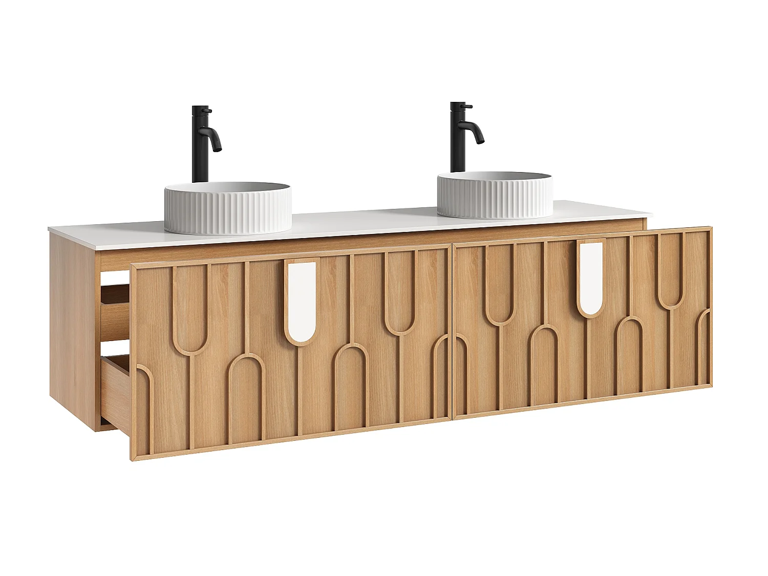 Meuble de salle de bain texturé suspendu avec double vasque à poser ronde striée et robinet - Naturel clair - L180 cm - MERKAN