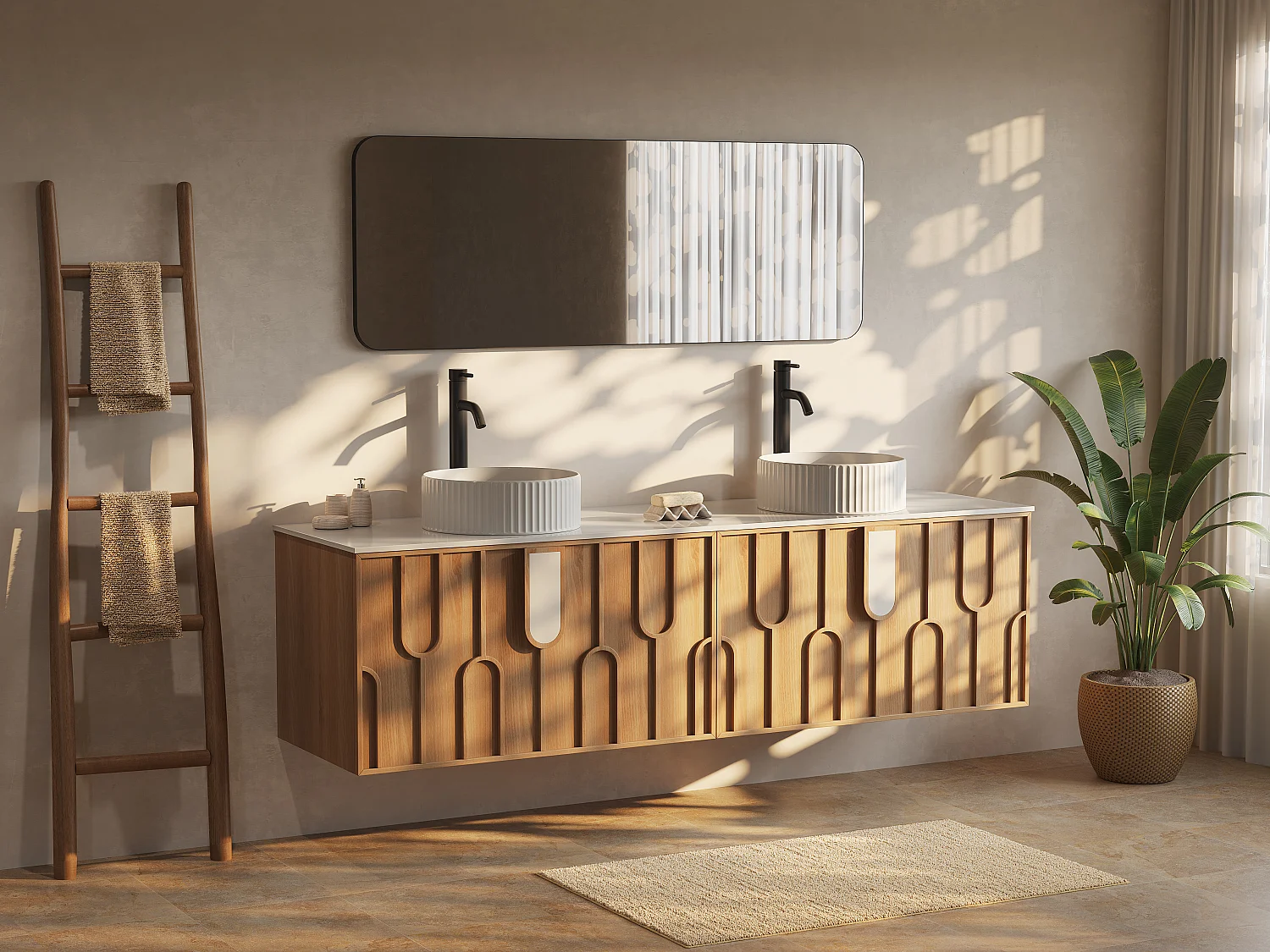 Meuble de salle de bain texturé suspendu avec double vasque à poser ronde striée, robinet et miroir - Naturel clair - L180 cm - MERKAN