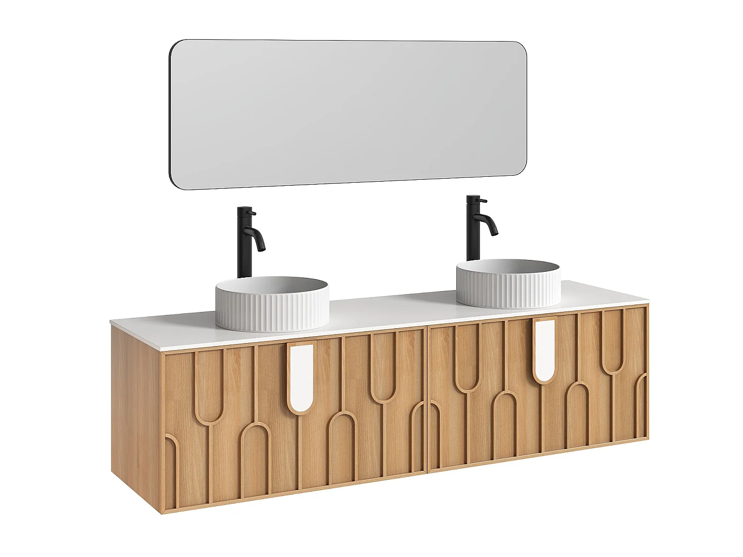 Meuble de salle de bain texturé suspendu avec double vasque à poser ronde striée, robinet et miroir - Naturel clair - L180 cm - MERKAN