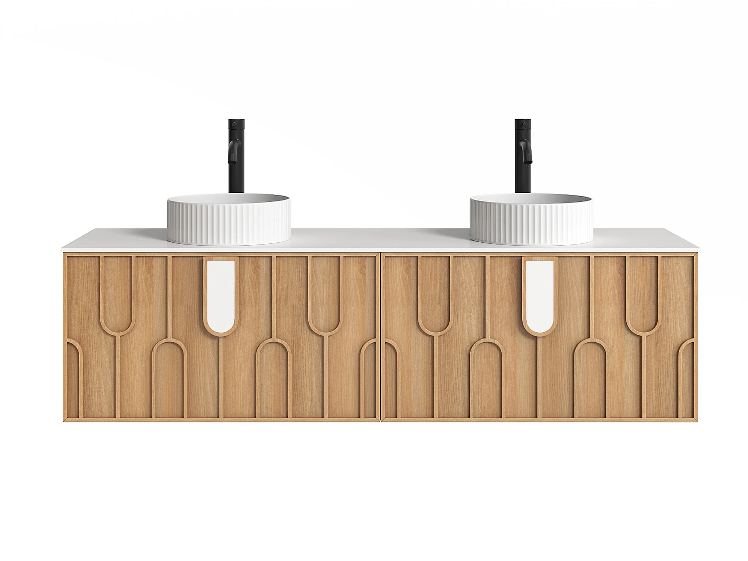 Meuble de salle de bain texturé suspendu avec double vasque à poser ronde striée, robinet et miroir - Naturel clair - L180 cm - MERKAN