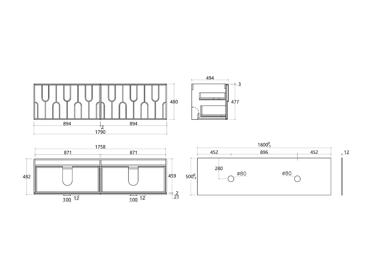 Meuble de salle de bain texturé suspendu avec double vasque à poser ronde striée, robinet et miroir - Naturel clair - L180 cm - MERKAN