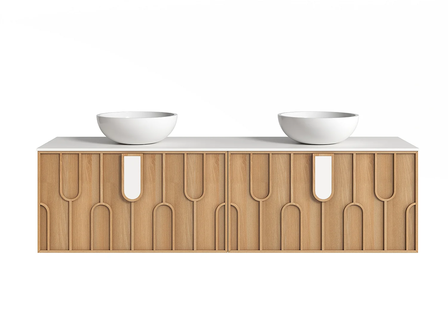 Meuble de salle de bain texturé suspendu avec double vasque à poser ronde en solid surface - Naturel clair - L180 cm - MERKAN