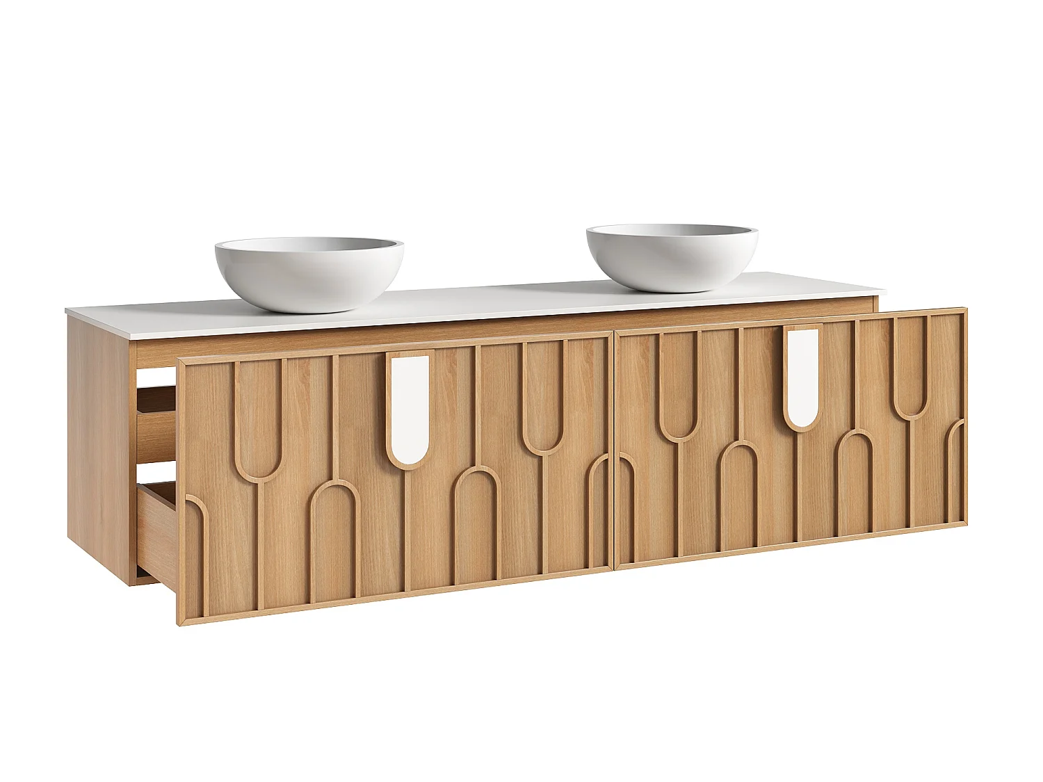 Meuble de salle de bain texturé suspendu avec double vasque à poser ronde en solid surface - Naturel clair - L180 cm - MERKAN