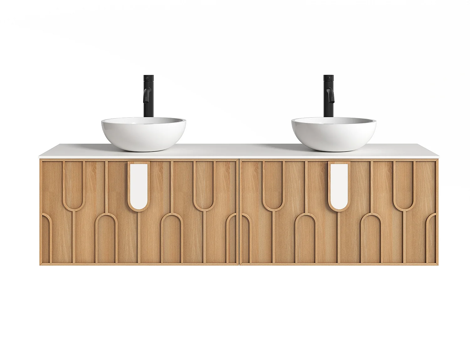 Meuble de salle de bain texturé suspendu avec double vasque à poser ronde en solid surface et robinet - Naturel clair - L180 cm - MERKAN