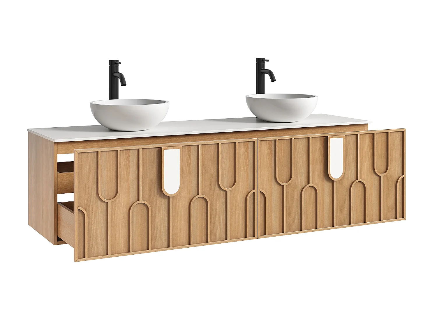 Meuble de salle de bain texturé suspendu avec double vasque à poser ronde en solid surface et robinet - Naturel clair - L180 cm - MERKAN