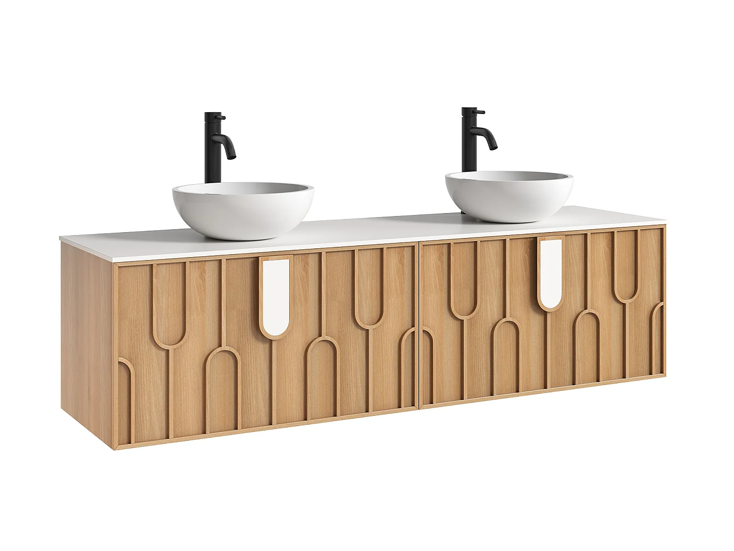 Meuble de salle de bain texturé suspendu avec double vasque à poser ronde en solid surface et robinet - Naturel clair - L180 cm - MERKAN