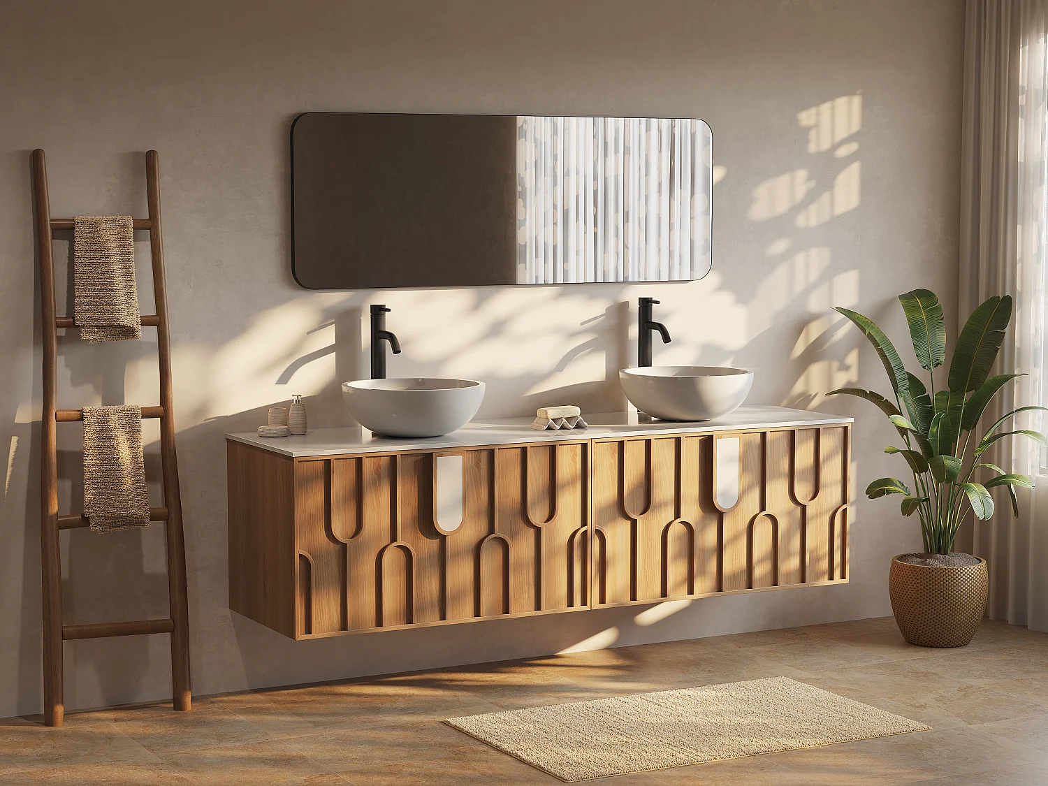 Meuble de salle de bain texturé suspendu avec double vasque à poser ronde en solid surface et robinet - Naturel clair - L180 cm - MERKAN