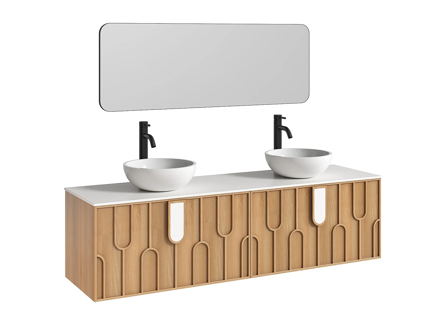 Meuble de salle de bain texturé suspendu avec double vasque à poser ronde en solid surface, robinet et miroir - Naturel clair - L180 cm - MERKAN