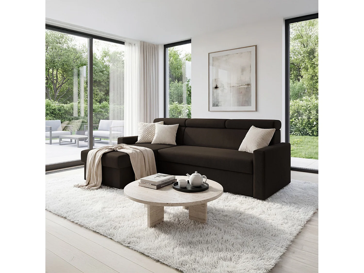 Ecksofa Vega L mit Schlaffunktion & Bettkasten – Samtstoff Best Bronze – Zero-Wall Design Wandbündig – L-Form Sofa Freistehend