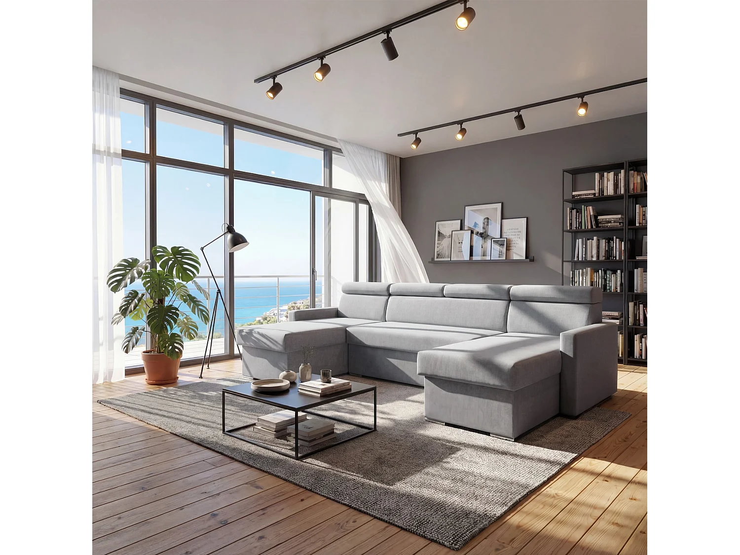 Vega U Ecksofa nach Maß | Breite anpassbar | Schlaffunktion 2 Bettkasten U-Form verstellbare Kopfstützen Samt-Stoff Best 305x151 cm (Grau)