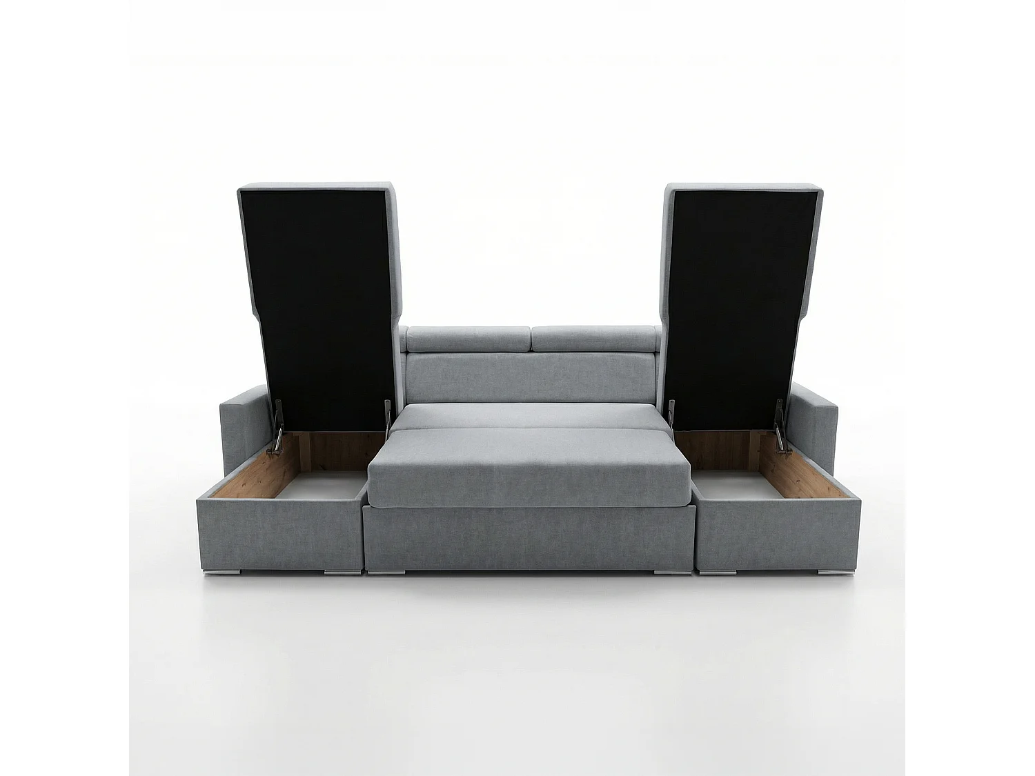 Vega U Ecksofa nach Maß | Breite anpassbar | Schlaffunktion 2 Bettkasten U-Form verstellbare Kopfstützen Samt-Stoff Best 305x151 cm (Grau)