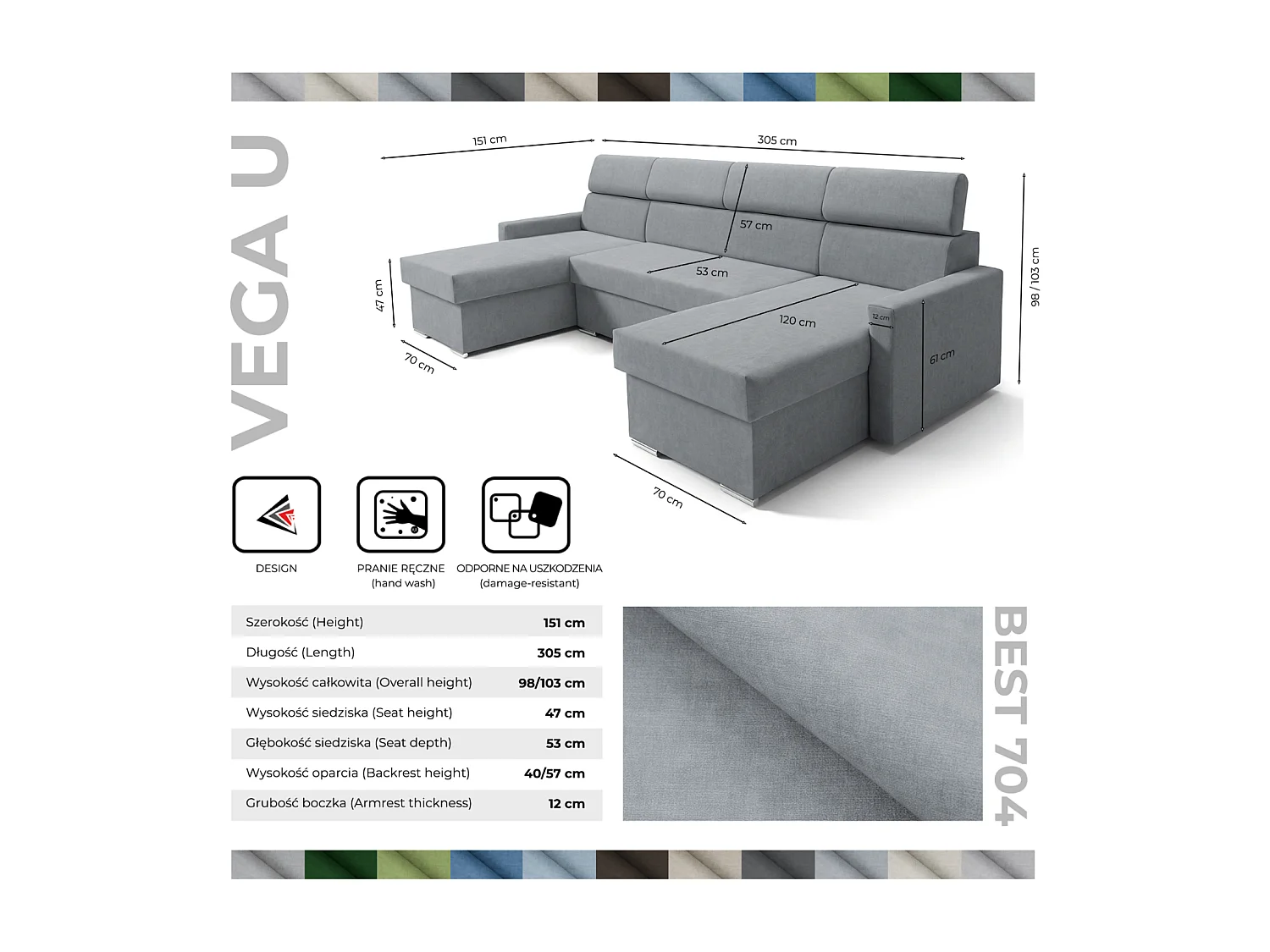 Vega U Ecksofa nach Maß | Breite anpassbar | Schlaffunktion 2 Bettkasten U-Form verstellbare Kopfstützen Samt-Stoff Best 305x151 cm (Grau)