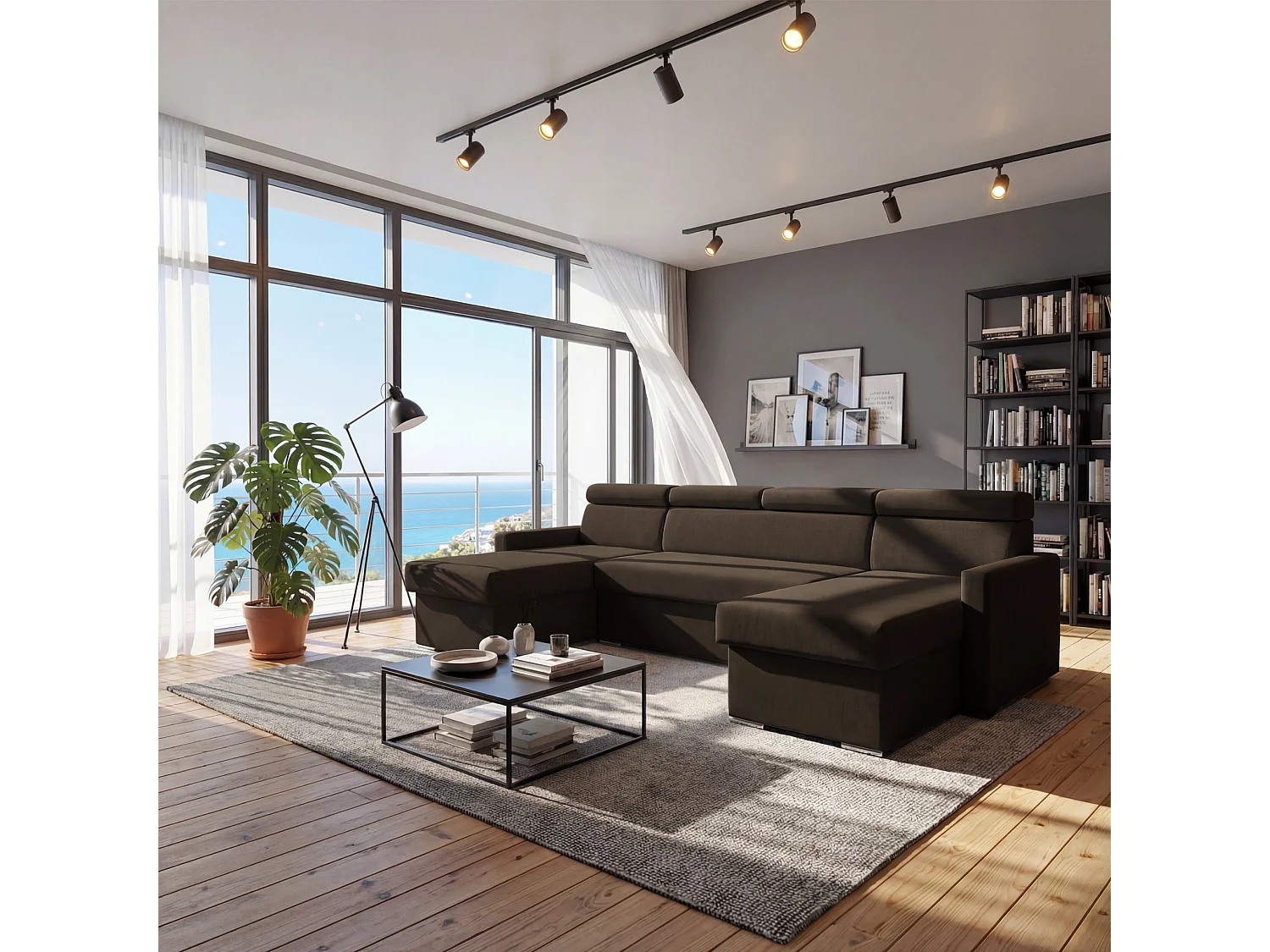 Vega U Ecksofa nach Maß | Breite anpassbar | Schlaffunktion 2 Bettkasten U-Form verstellbare Kopfstützen Samt-Stoff Best 305x151 cm(Bronze)