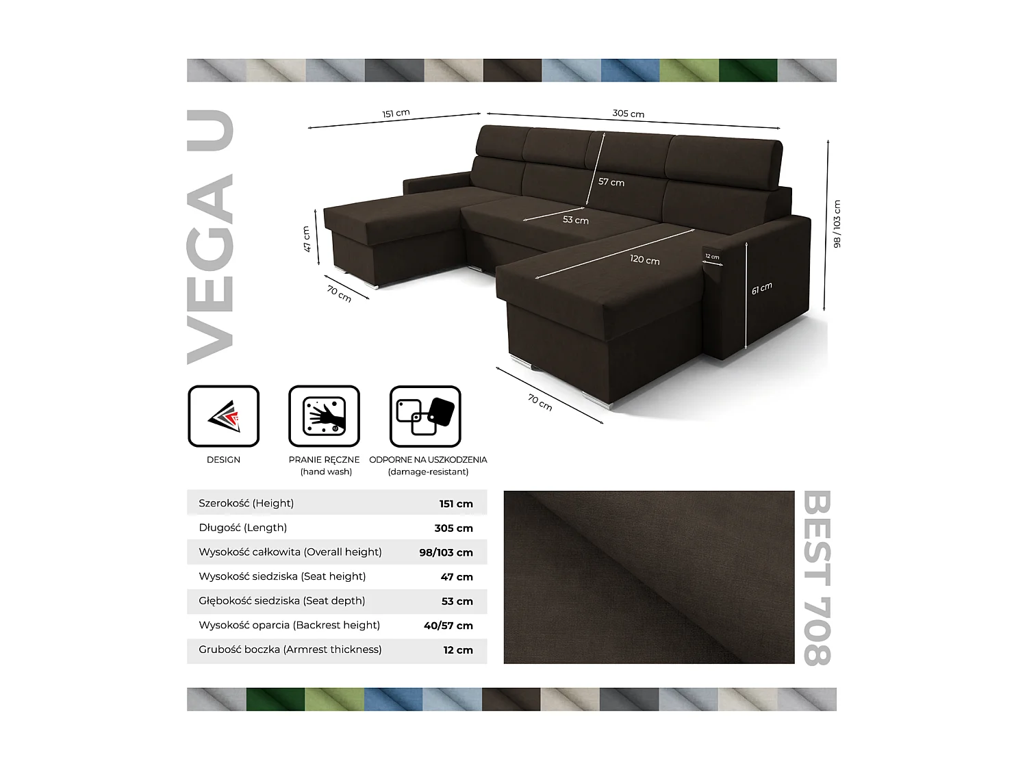 Vega U Ecksofa nach Maß | Breite anpassbar | Schlaffunktion 2 Bettkasten U-Form verstellbare Kopfstützen Samt-Stoff Best 305x151 cm(Bronze)