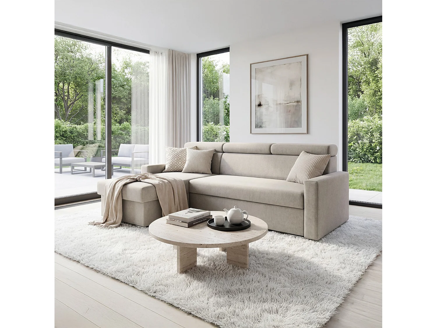 Ecksofa Vega L mit Schlaffunktion & Bettkasten – Samtstoff Best Hellbeige – Zero-Wall Design Wandbündig – L-Form Sofa Freistehend