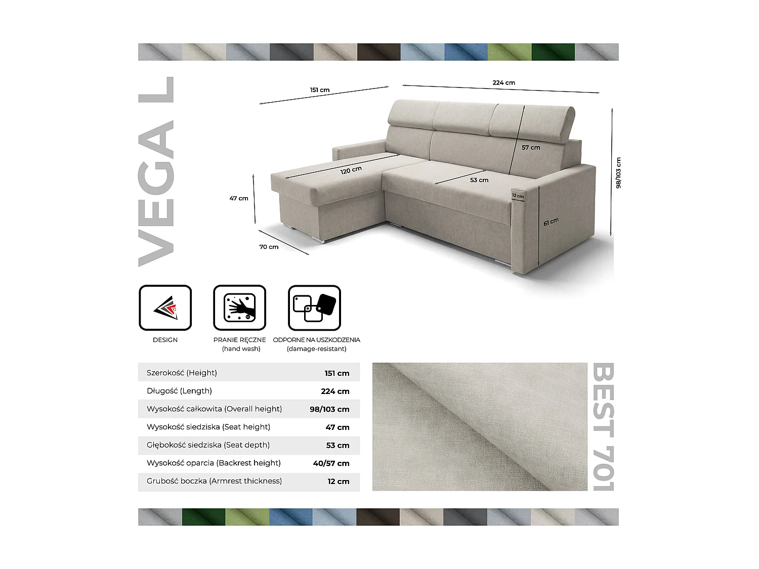 Ecksofa Vega L mit Schlaffunktion & Bettkasten – Samtstoff Best Hellbeige – Zero-Wall Design Wandbündig – L-Form Sofa Freistehend